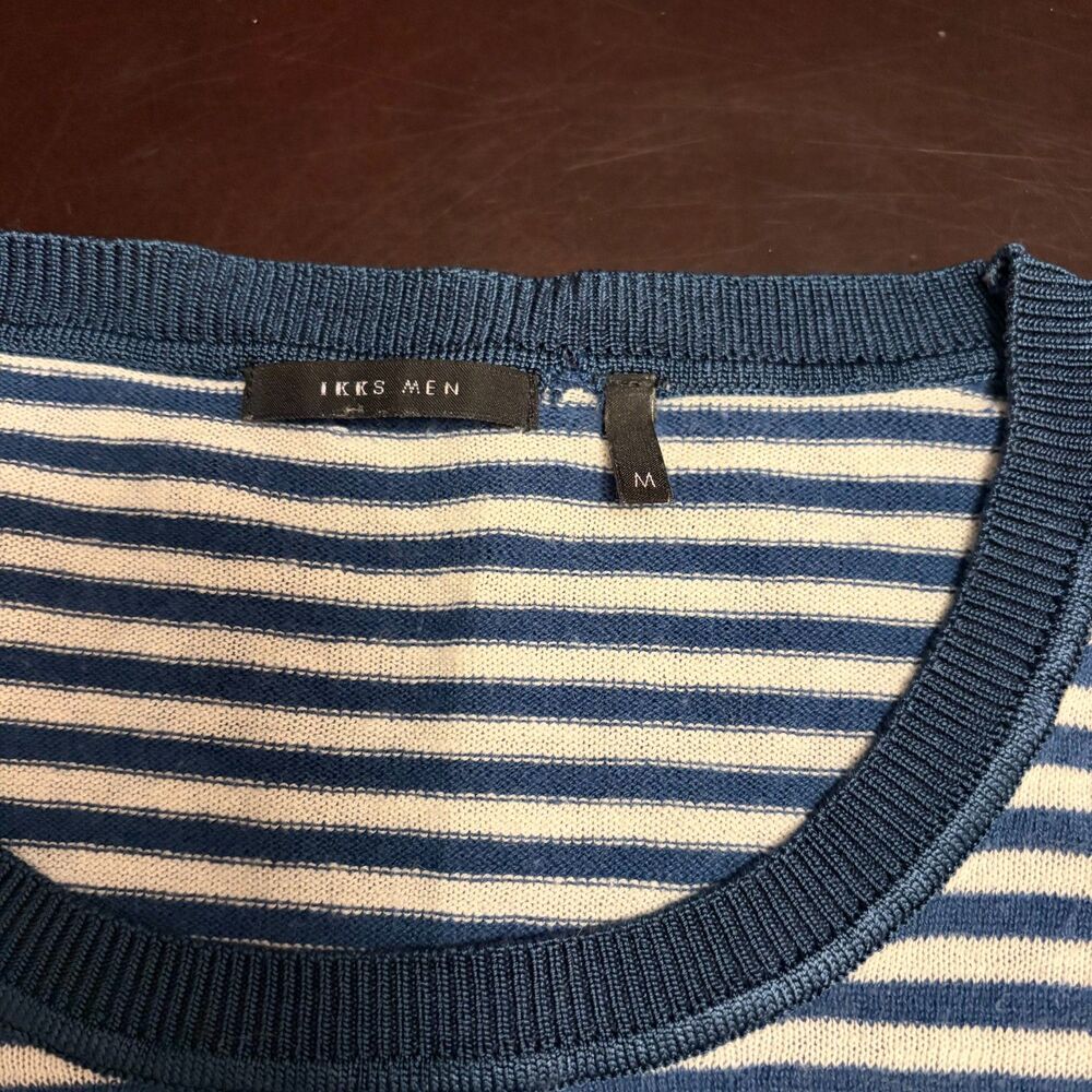 IKKS Linen Cotton Striped Sweater Mens M Lightweight Blue White Pocket - Picture 5 of 12
